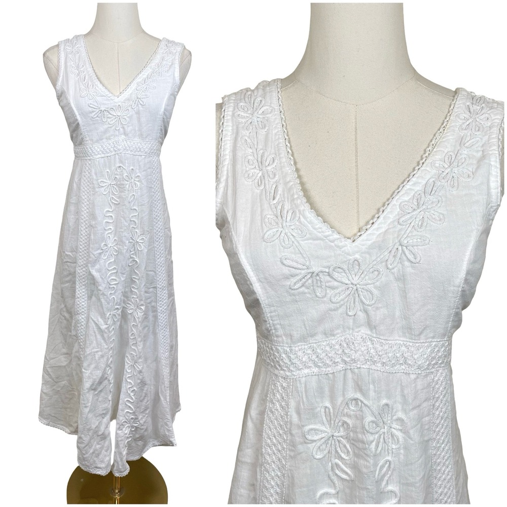 Vintage White Embroidered Sleeveless Midi Dress Women White Boho Fairy Coastal